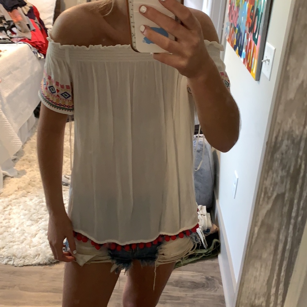 White Tribal print top with poms